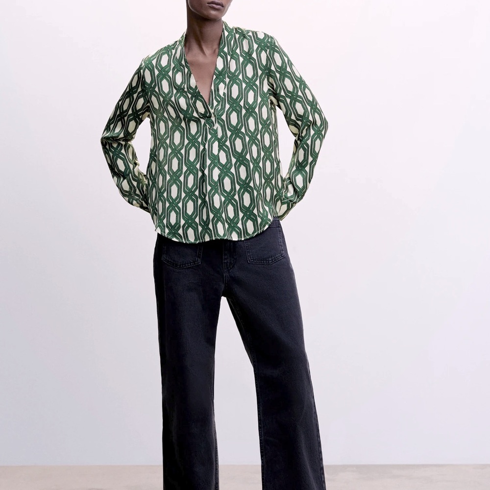 MNG Satin Chic Green Geometric Blouse Womens Top